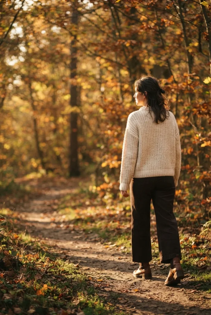 Woman in a cream knit sweater and espresso trousers walking a wooded autumn path in soft side light