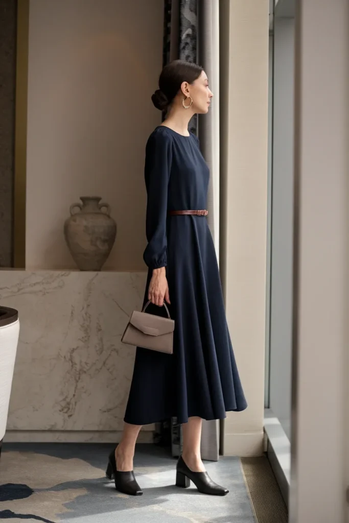 Woman in a navy crepe midi dress standing by a window in a dressy baby shower setting
