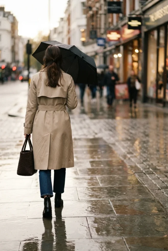 Woman in an oat trench coat and cropped jeans walking a wet sidewalk, showing what to wear on a rainy day.