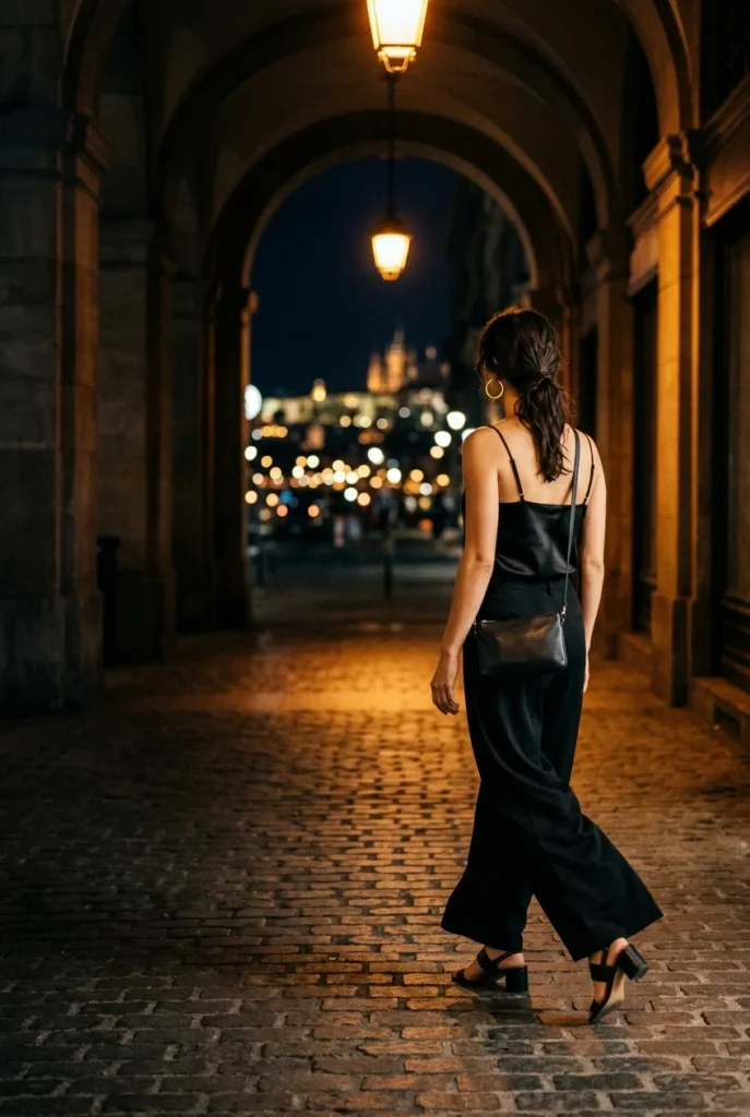 Woman in black wide-leg trousers and satin camisole walking under warm amber night lighting
