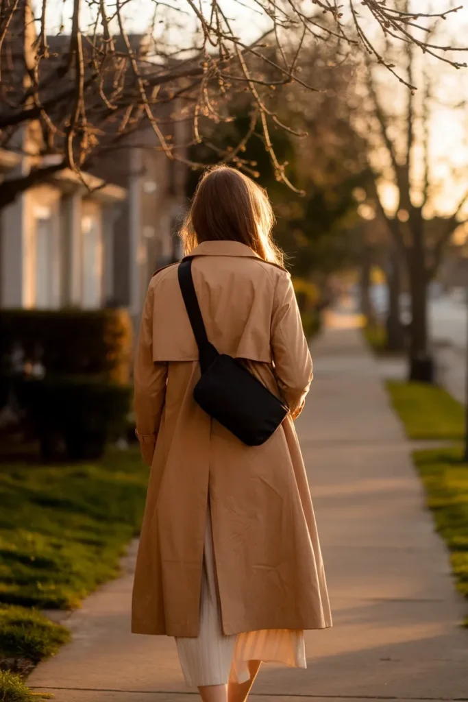 Woman in camel trench over cream midi dress walking outside on a cool spring morning