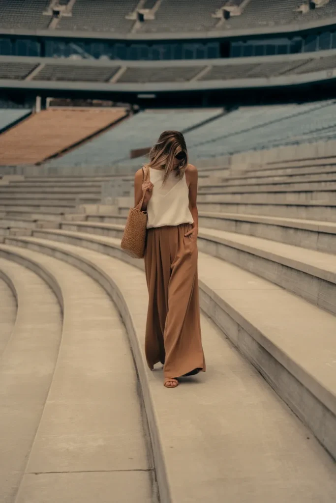 Woman in camel wide-leg trousers and ivory top climbing stadium steps at an outdoor graduation ceremony. What to Wear to Graduation as a Guest