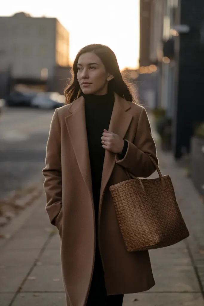 Woman in camel wool coat and black turtleneck showing fall fashion trends 2026 in a capsule wardrobe