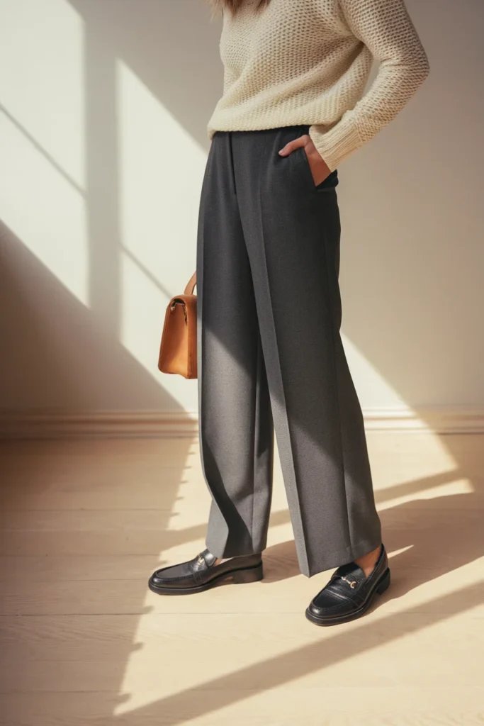 Woman in charcoal grey wide-leg trousers, cream knit sweater, and black loafers in sunlit room