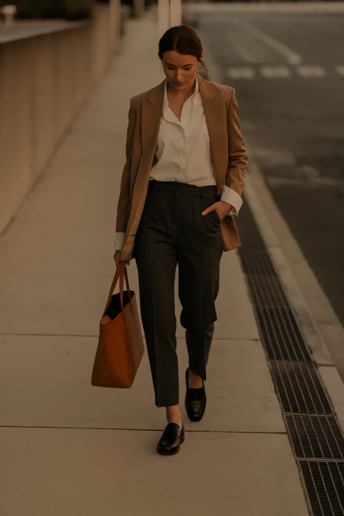 Woman in charcoal grey work trousers, ivory shell, and camel blazer walking to the office