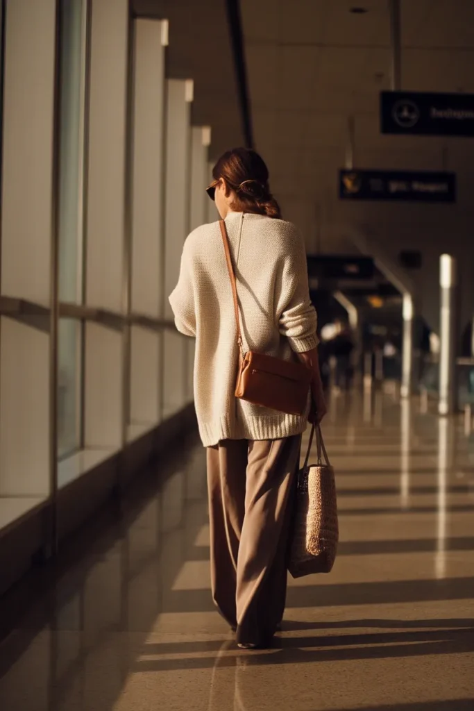 Woman in cream cardigan and wide-leg trousers walking through an airport, a comfy travel outfit