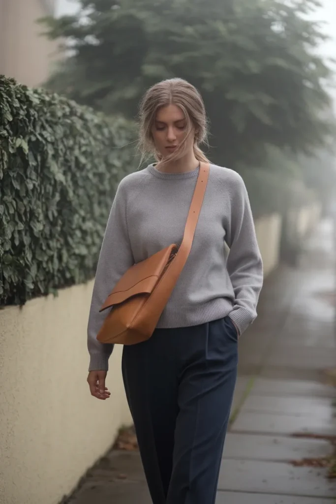 Woman in dove gray and soft navy walking in overcast light, cool Summer palette
