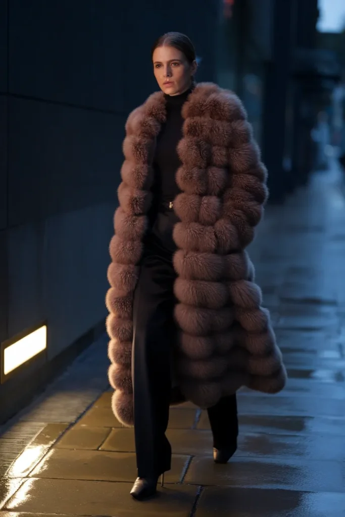 Woman in espresso faux fur coat walking at dusk, mob wife aesthetic winter outfit