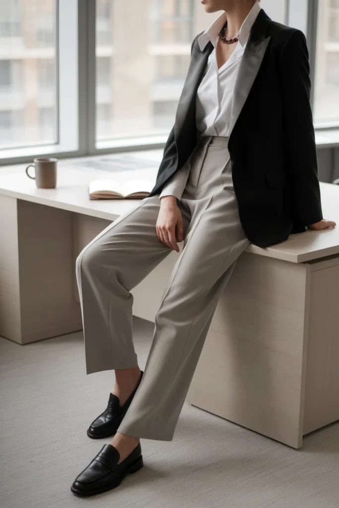 Woman in greige khaki trousers, black blazer, and white shirt seated in a bright office