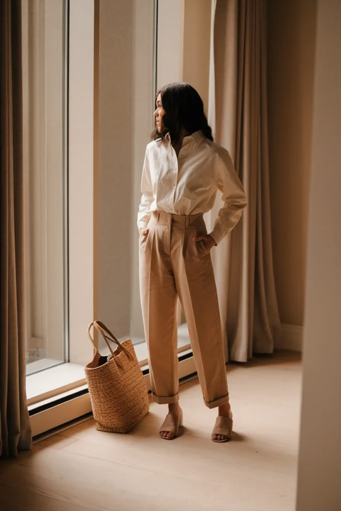 Woman in high-waisted khaki pants and cream button-down by a sunlit window