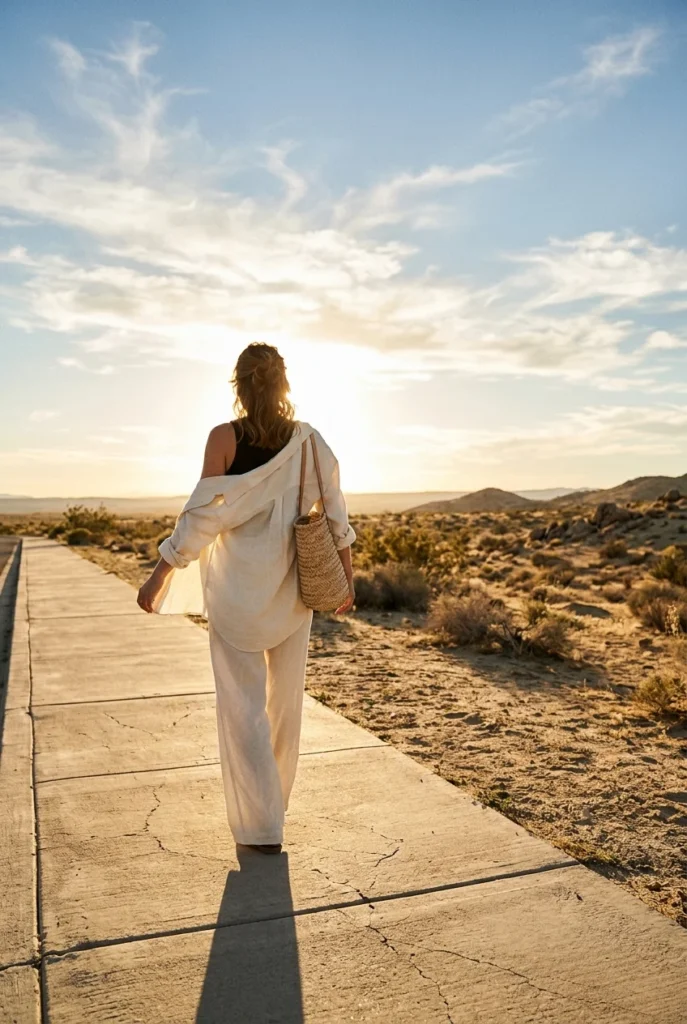 Woman in ivory linen pants and open linen shirt walking in golden hour desert light