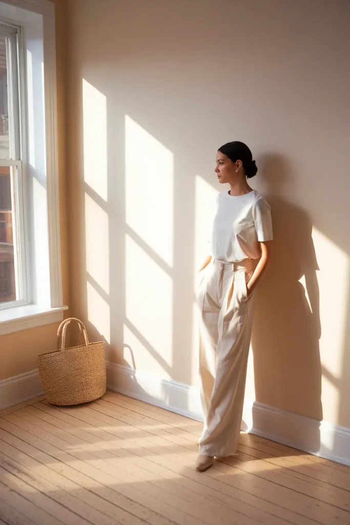 Woman in ivory tee and ecru trousers by a window showing the clean girl aesthetic at home.