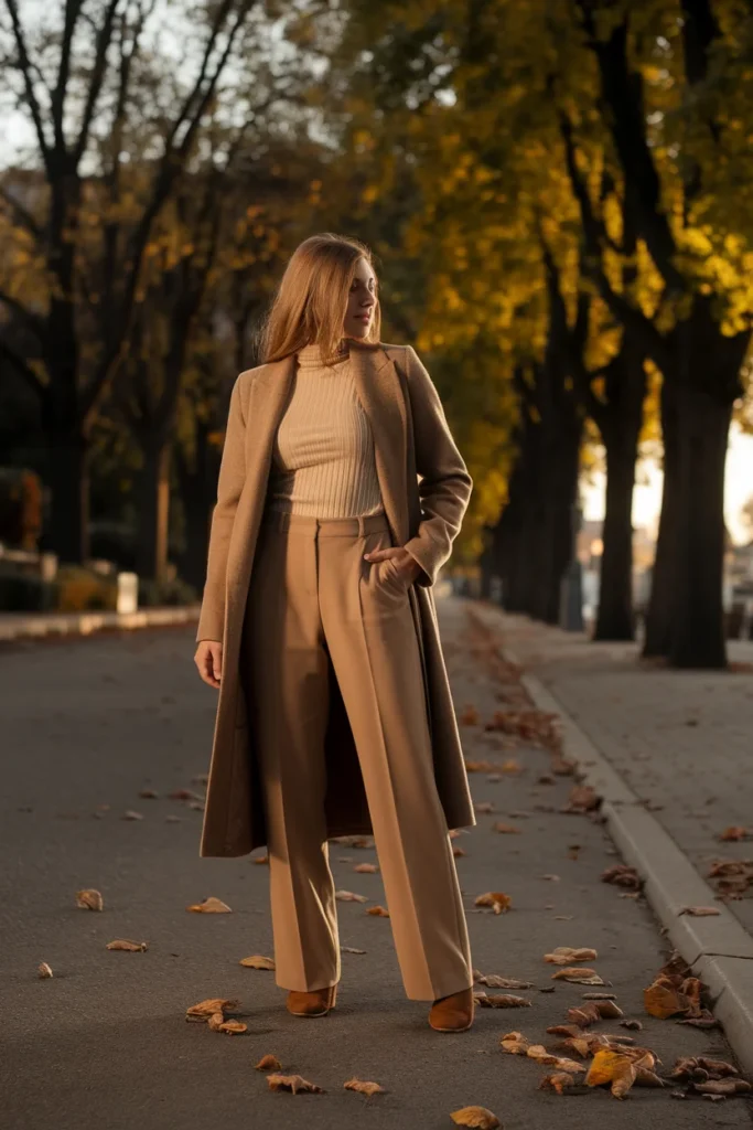 Woman in khaki pants, cream turtleneck, and open camel coat on an autumn street