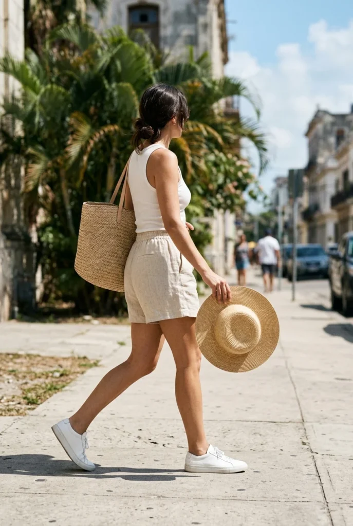 Woman in linen shorts, white tank and sneakers walking a sunny Las Vegas sidewalk
