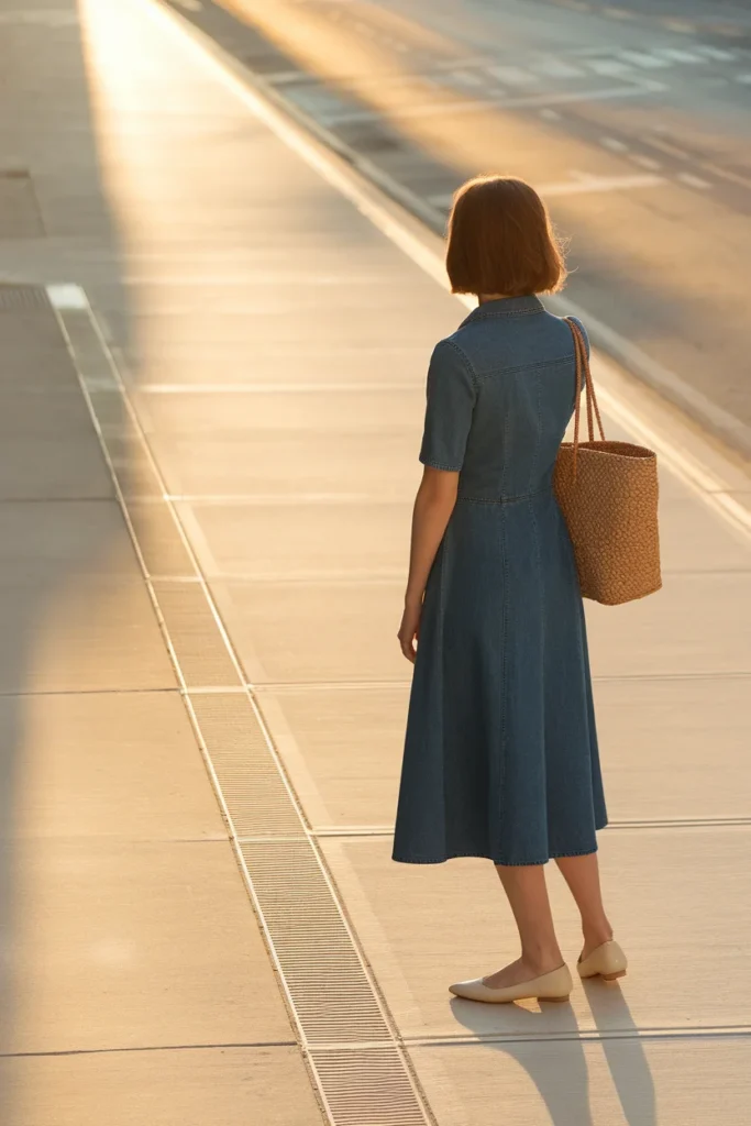 Woman in mid-wash denim midi dress with woven tote and ballet flats in golden light