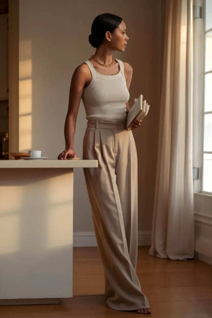 Woman in oat trousers and ivory knit tank at a kitchen island showing clean girl style after 30.