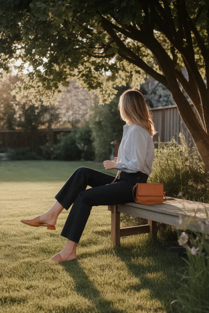 Woman in white button-down and dark jeans seated on a garden bench at a casual baby shower