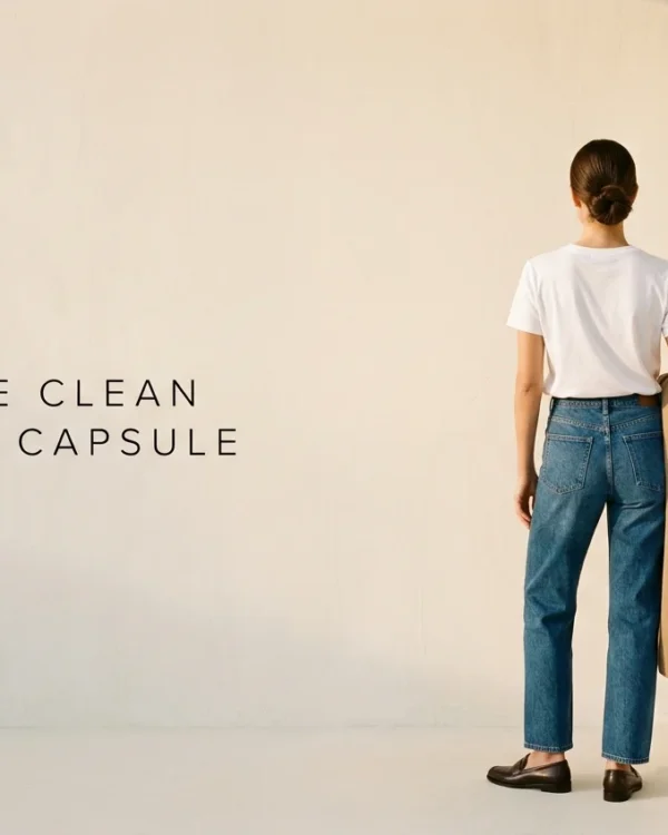 Woman in white tee jeans and camel trench showing the clean girl aesthetic capsule wardrobe.