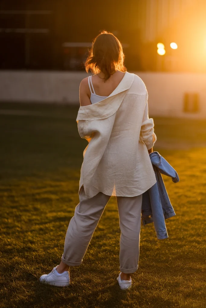 Woman on an amphitheater lawn at golden hour in a linen shirt, trousers and sneakers with a denim jacket tied at the waist