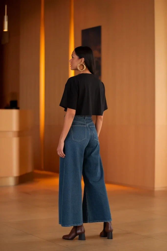 Woman over 40 in a cropped black tee, wide-leg jeans, ankle boots and gold hoops at a concert venue