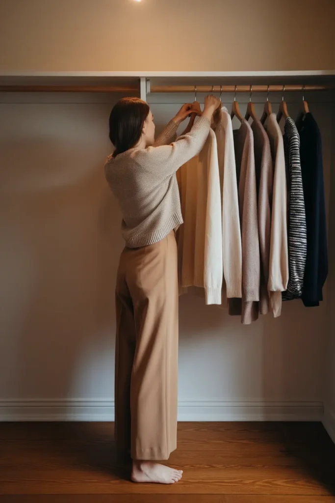 Woman reaching for an oat knit sweater in an organized neutral capsule wardrobe closet