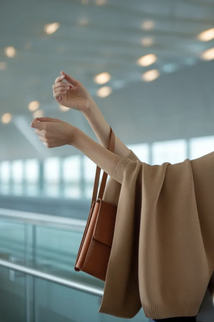 Woman removing a cardigan and crossbody bag before airport security screening