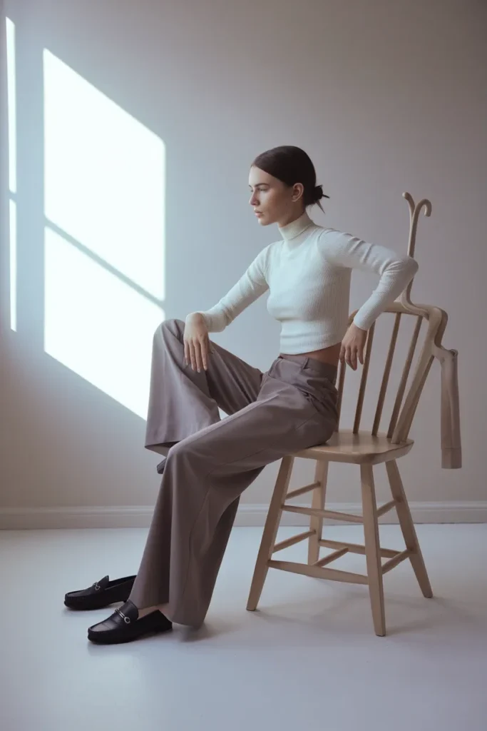 Woman seated to test how wide-leg trousers and a knit top sit before a first date