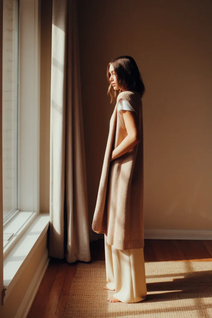 Woman styling an oat longline knit vest over a white tee and cream trousers in side window light