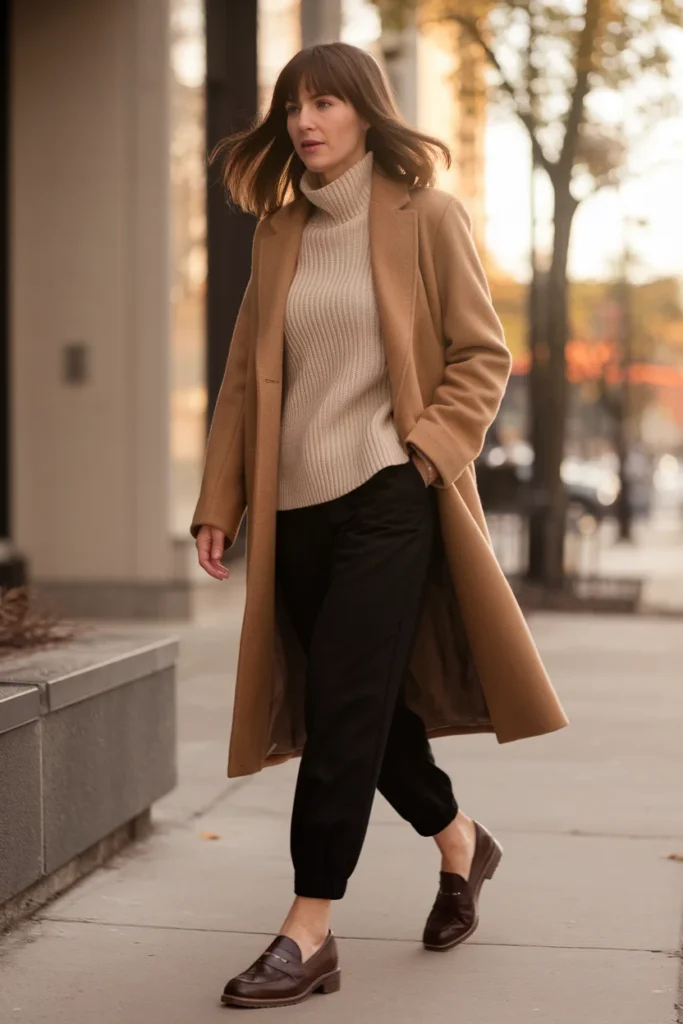 Woman styling black joggers with a cream knit, camel coat and loafers on a fall city street. How to Style Joggers