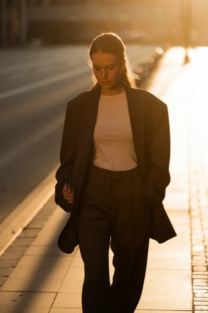 Woman walking in black blazer white tee and espresso trousers, a clean girl outfit formula for fall.
