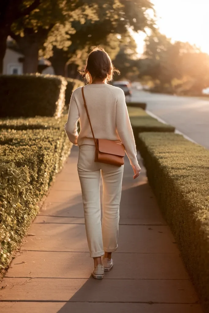 Woman walking in cream jeans and white low-top Converse in golden-hour light