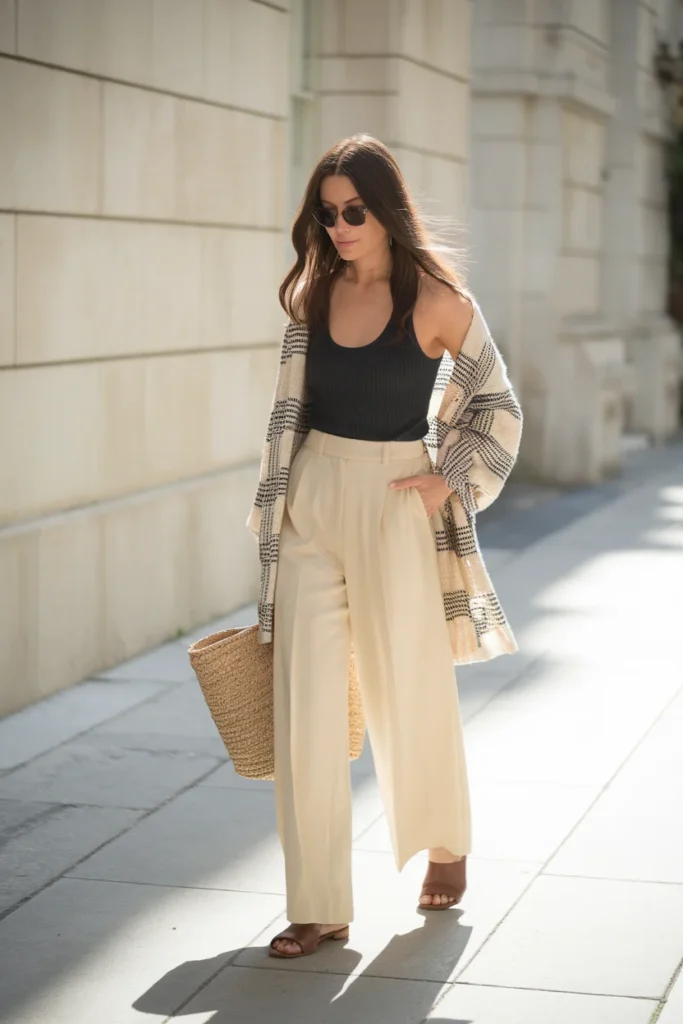 Woman walking in cream wide-leg white pants, black tank, and espresso sandals in golden light How to Style White Pants