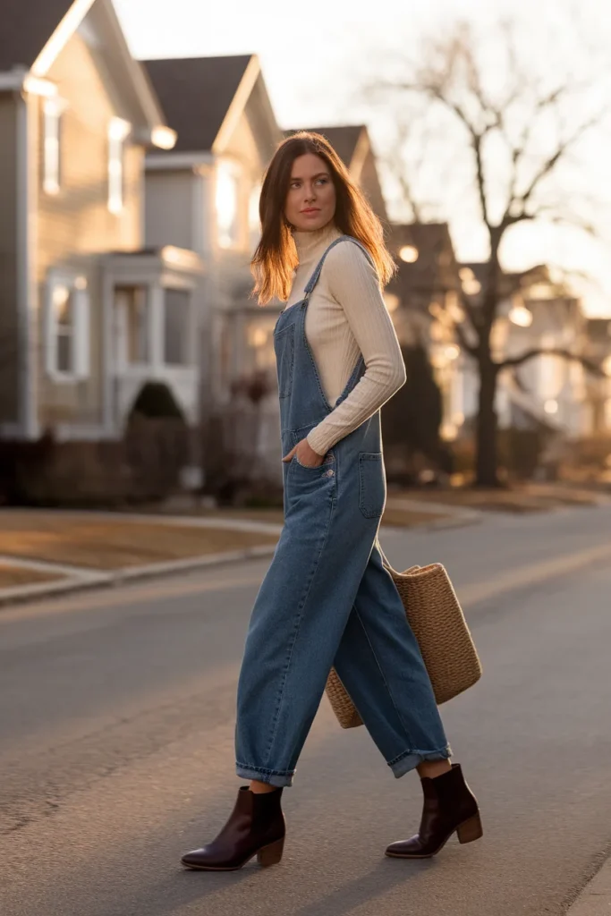 Woman walking in indigo denim overalls styled with a cream knit and brown ankle boots