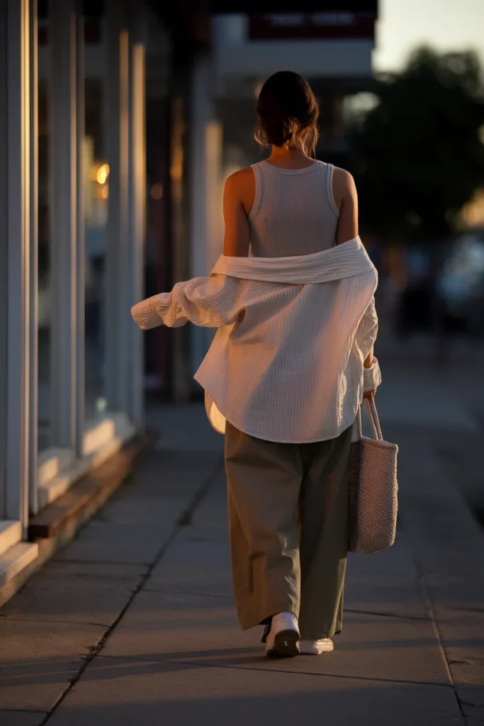 Woman walking in olive khaki wide-leg pants, rib tank, and open ivory shirt at golden hour