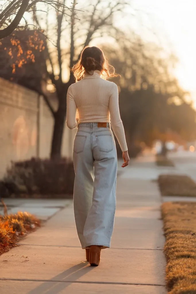 Woman walking in wide leg jeans and chestnut Uggs in golden hour backlight on a fall sidewalk