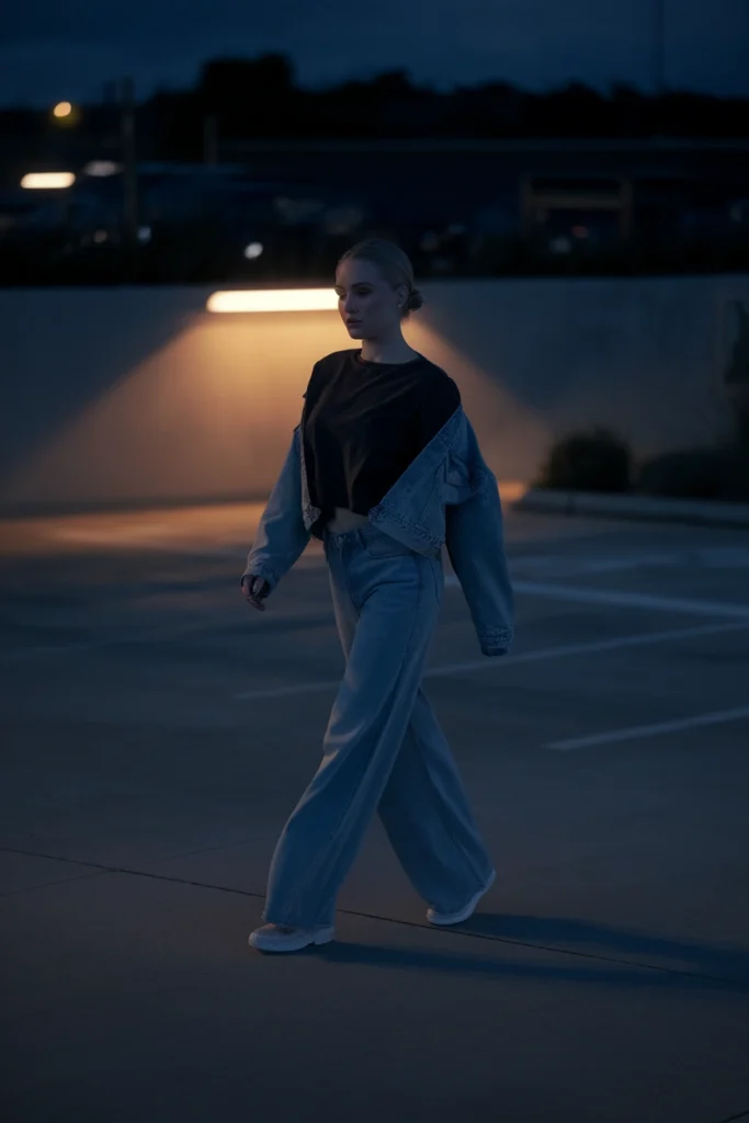 Woman walking out of a concert at night in a denim jacket, tee and jeans after standing all evening