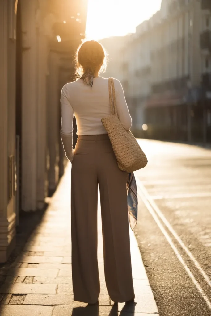 Woman wearing her plane outfit again on arrival, wide-leg trousers and ivory tee