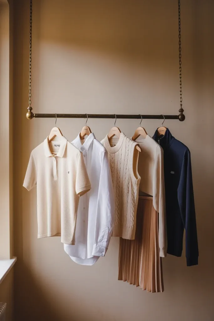 Wooden hanger rail with tenniscore capsule pieces including polo, button-down, knit vest, and pleated midi