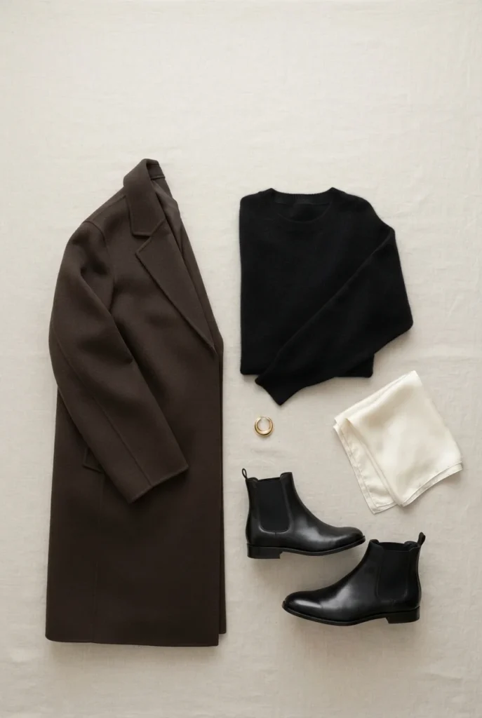 Wool coat flat lay with knit, ankle boots, and gold hoops for a New Year's Eve capsule outfit.