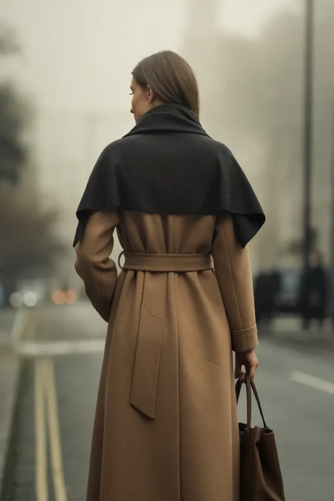 Wool scarf worn over a camel coat and belted at the waist to define a boxy winter silhouette