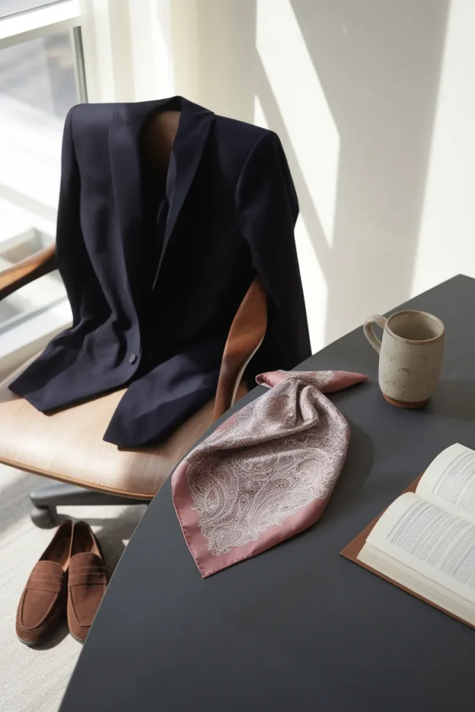 Work-appropriate boho chic styling with lace camisole, blazer, paisley scarf, and suede loafers