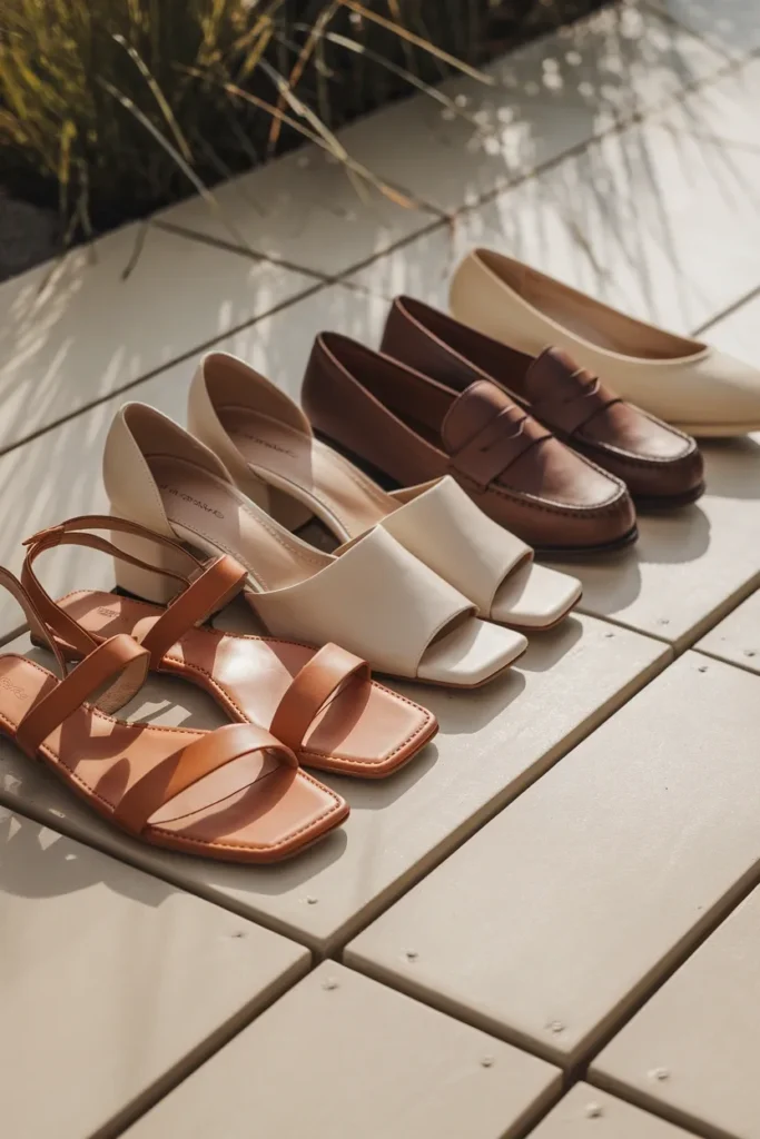 Four graduation guest shoe options including flat sandals, block heels, loafers and ballet flats.
