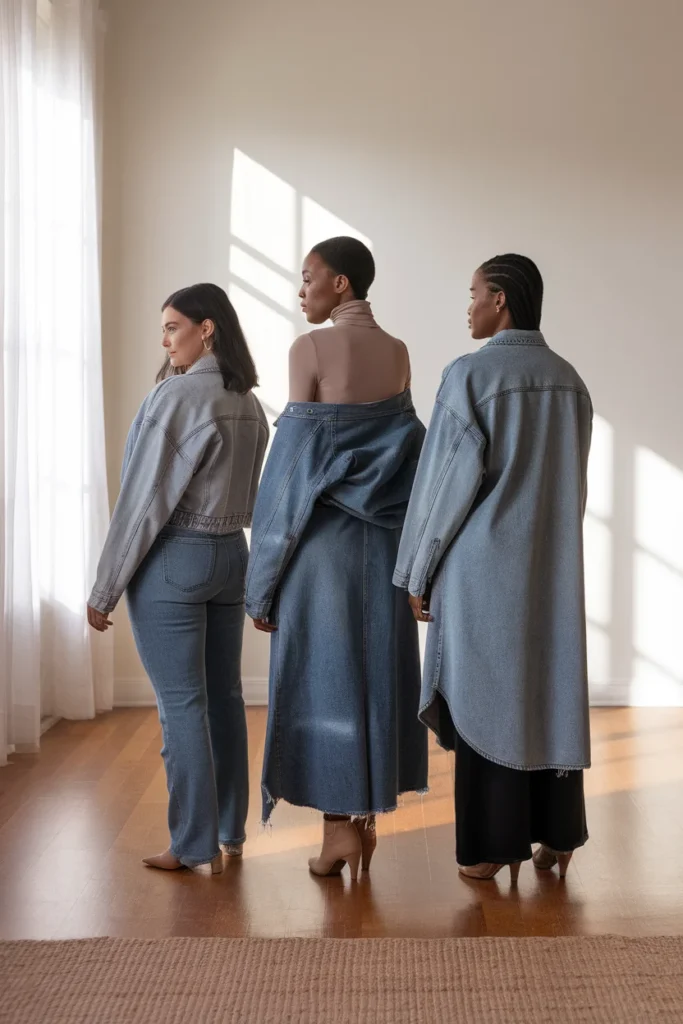 Three body types showing denim jacket layering by proportion