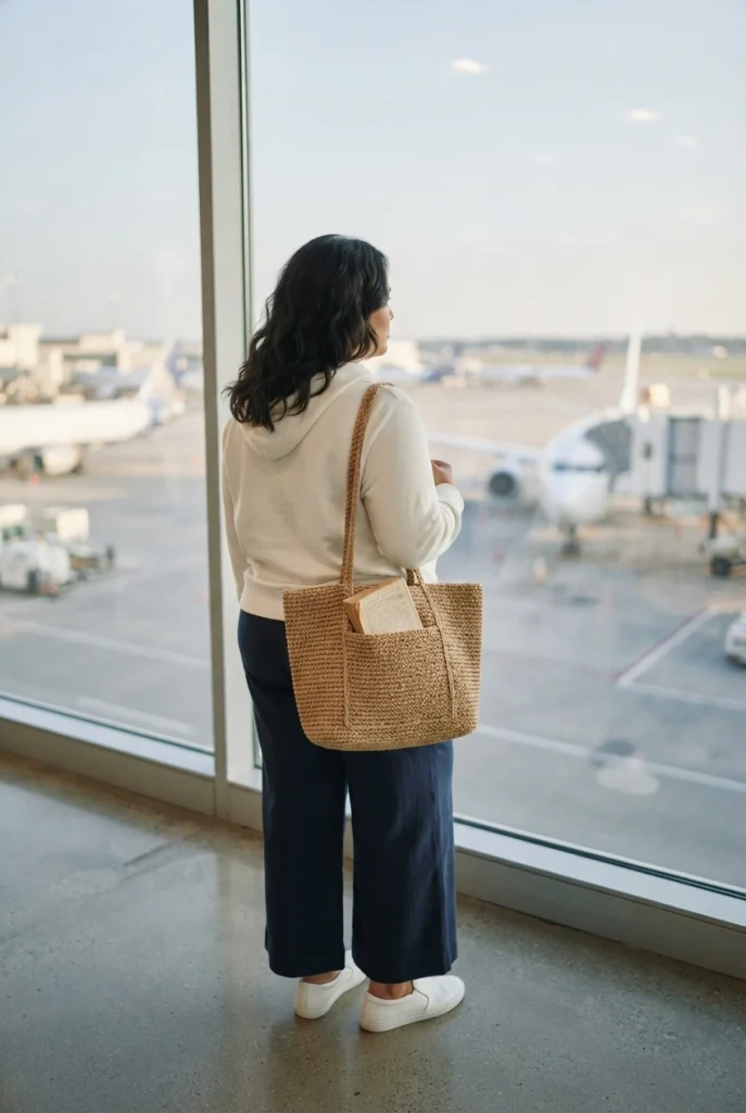 Airport outfit with an ivory hoodie, navy wide-leg trousers and a structured woven tote.