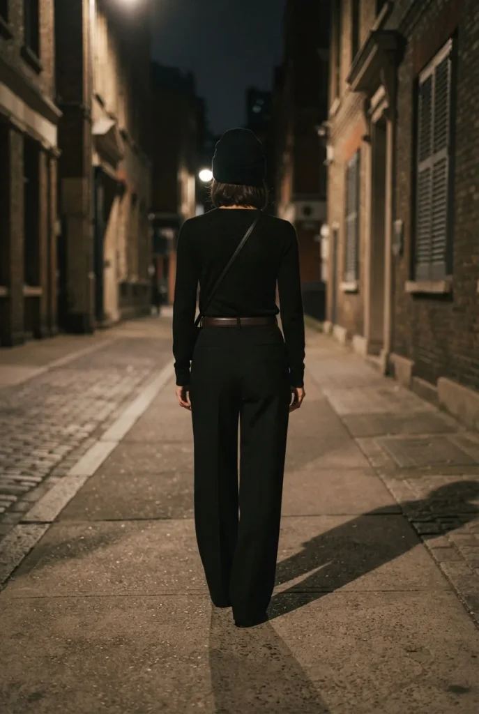All-black cat burglar Halloween costume outfit for plus-size women, walking at night.