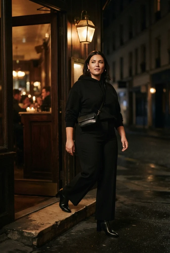 All-black hoodie outfit with wide-leg trousers, heeled boots and a small crossbody at night.