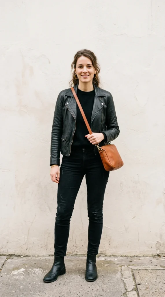 All-black leather jacket outfit with a cognac bag against a pale wall