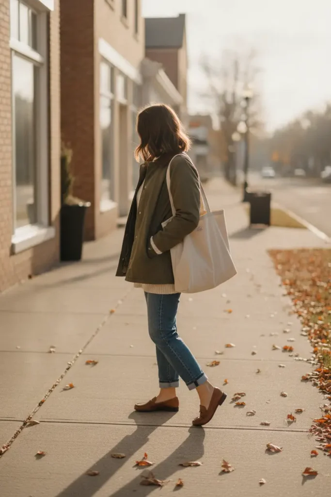 Barn jacket outfit with a cream cable knit, straight-leg jeans, and loafers on a fall sidewalk
