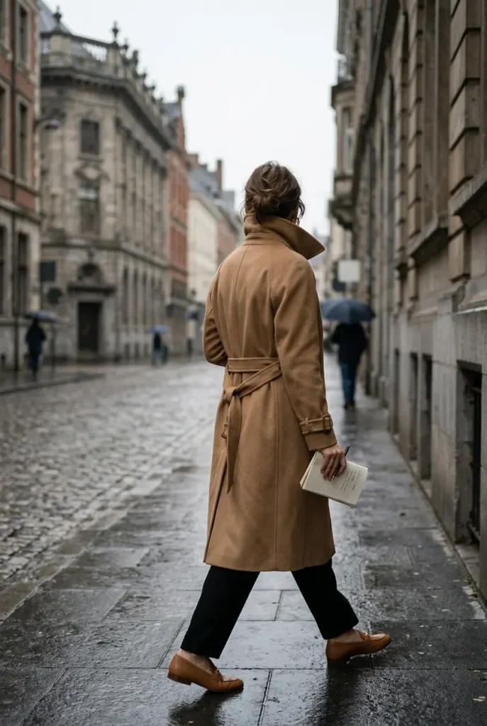 Belted camel trench coat detective Halloween costume outfit on a city sidewalk