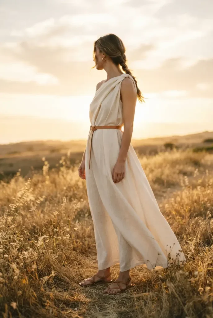 Belted cream maxi dress Greek goddess Halloween costume outfit in golden hour light